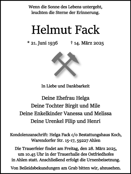Traueranzeige von Helmut Fack von Die Glocke