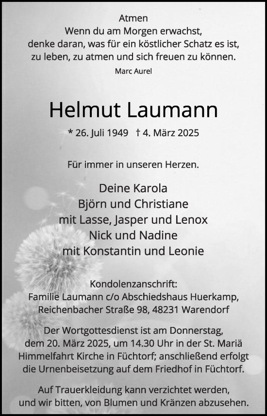 Traueranzeige von Helmut Laumann von Die Glocke
