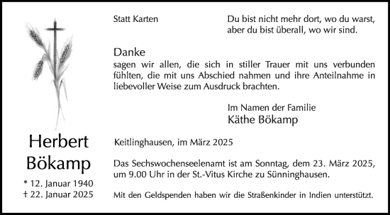Traueranzeige von Herbert Bökamp von Die Glocke