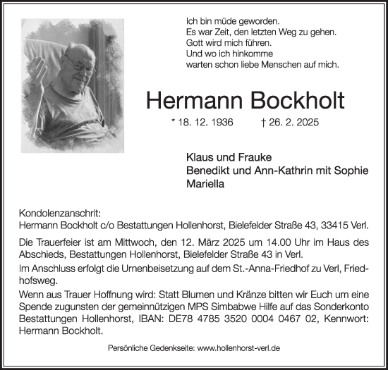 Traueranzeige von Hermann Bockholt von Die Glocke
