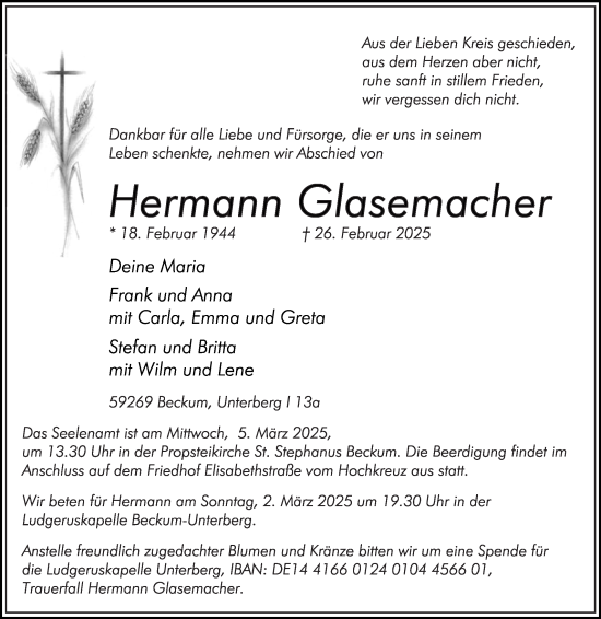 Traueranzeige von Hermann Glasemacher von Die Glocke