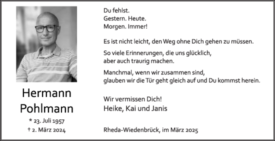 Traueranzeige von Hermann Pohlmann von Die Glocke
