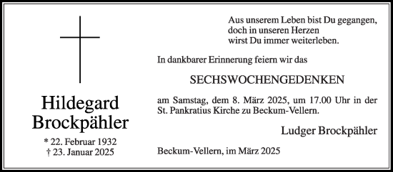 Traueranzeige von Hildegard Brockpähler von Die Glocke