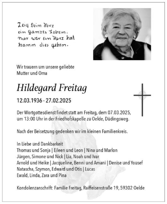 Traueranzeige von Hildegard Freitag von Die Glocke