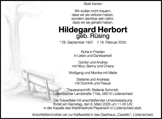 Traueranzeige von Hildegard Herbort von Die Glocke