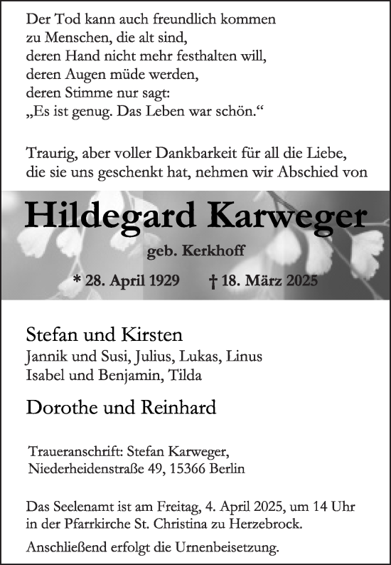 Traueranzeige von Hildegard Karweger von Die Glocke