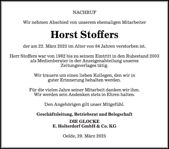 Traueranzeige von Horst Stoffers von Die Glocke