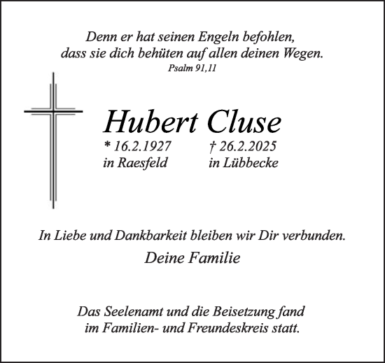 Traueranzeige von Hubert Cluse von Die Glocke