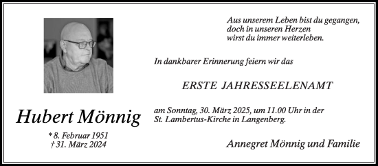 Traueranzeige von Hubert Mönnig von Die Glocke