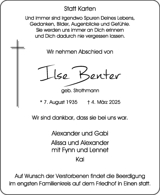 Traueranzeige von Ilse Benter von Die Glocke