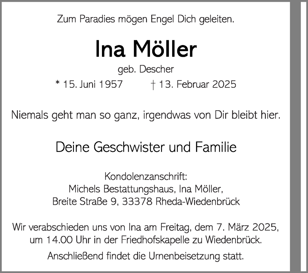  Traueranzeige für Ina Möller vom 01.03.2025 aus Die Glocke