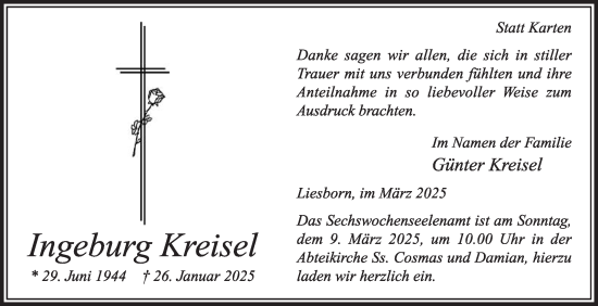 Traueranzeige von Ingeburg Kreisel von Die Glocke