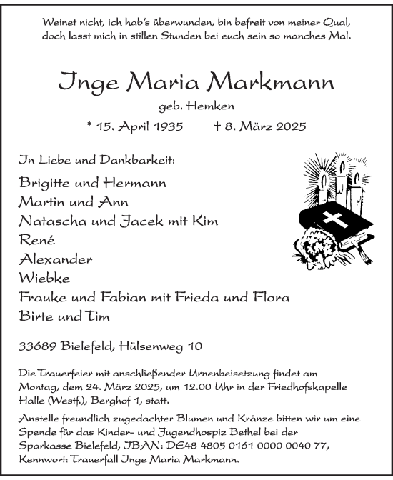 Traueranzeige von Inge Maria Markmann von Die Glocke