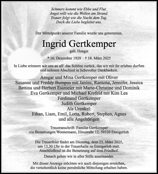 Traueranzeige von Ingrid Gertkemper von Die Glocke