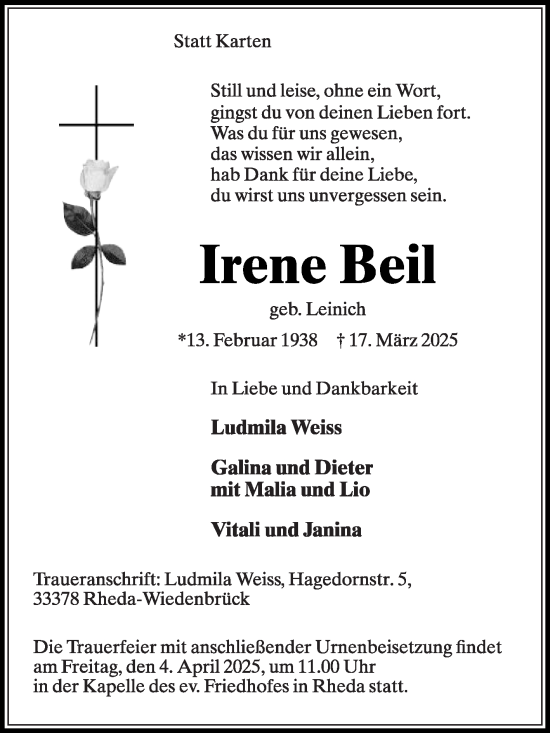 Traueranzeige von Irene Beil von Die Glocke