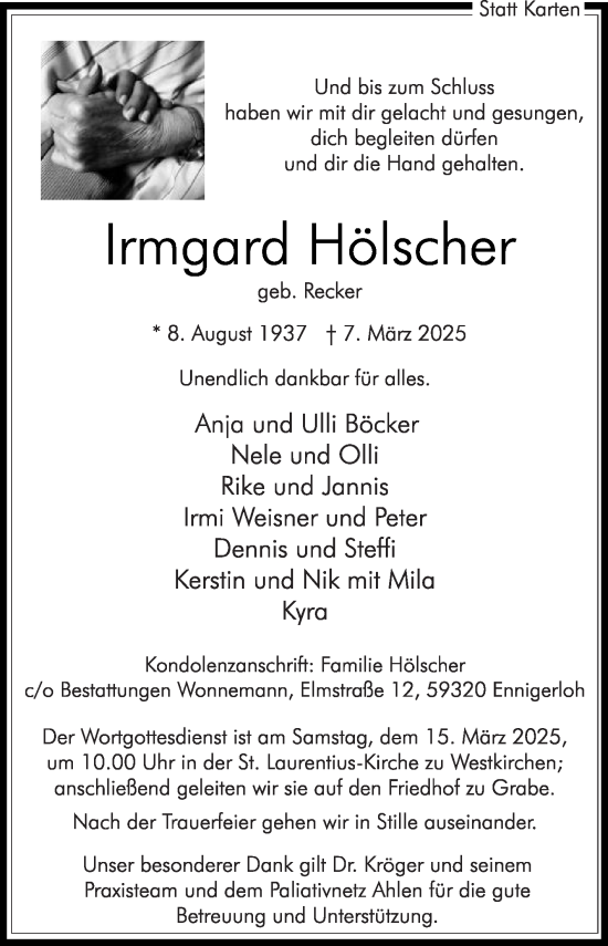 Traueranzeige von Irmgard Hölscher von Die Glocke