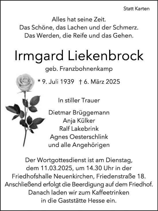 Traueranzeige von Irmgard Liekenbrock von Die Glocke