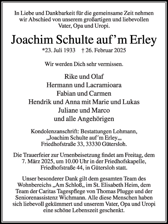 Traueranzeige von Joachim Schulte aufm Erley von Die Glocke