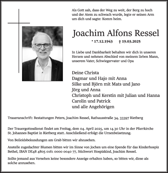 Traueranzeige von Joachim Alfons Ressel von Die Glocke