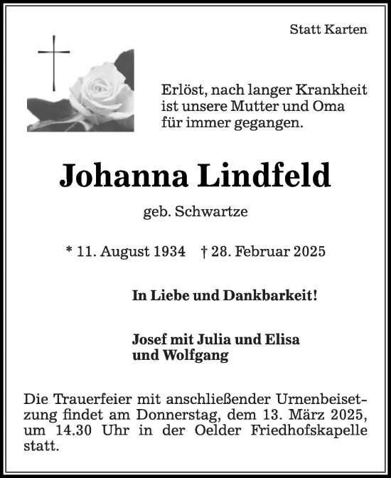 Traueranzeige von Johanna Lindfeld von Die Glocke