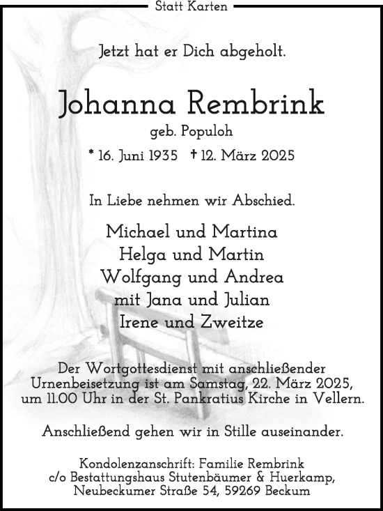 Traueranzeige von Johanna Rembrink von Die Glocke