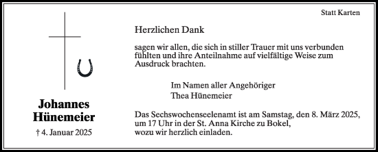 Traueranzeige von Johannes Hünemeier von Die Glocke