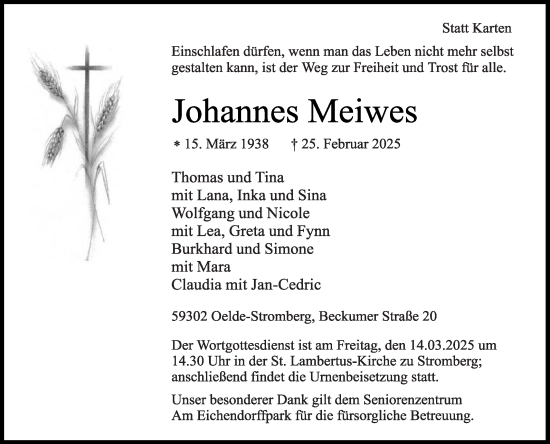 Traueranzeige von Johannes Meiwes von Die Glocke