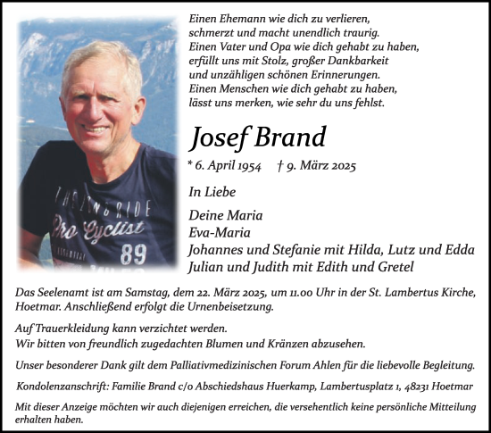 Traueranzeige von Josef Brand von Die Glocke