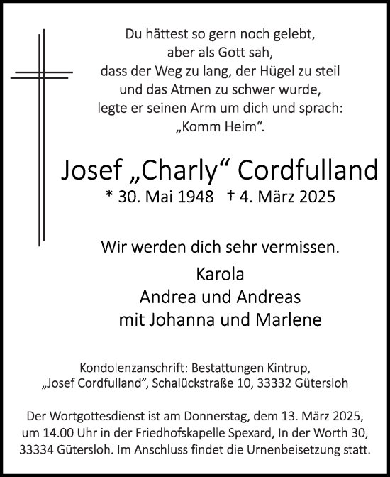 Traueranzeige von Josef Cordfulland von Die Glocke
