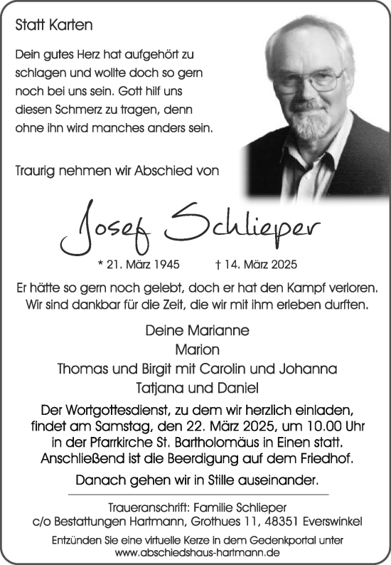 Traueranzeige von Josef Schlieper von Die Glocke