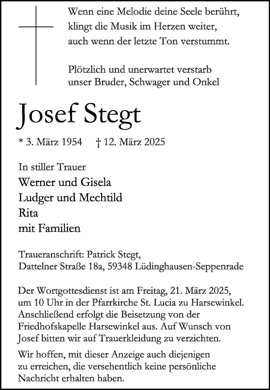 Traueranzeige von Josef Stegt von Die Glocke