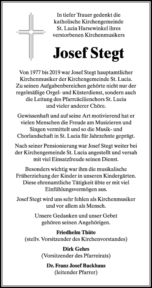Traueranzeige von Josef Stegt von Die Glocke
