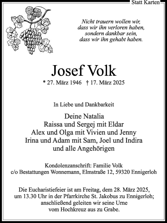 Traueranzeige von Josef Volk von Die Glocke