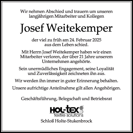 Traueranzeige von Josef Weitekemper von Die Glocke