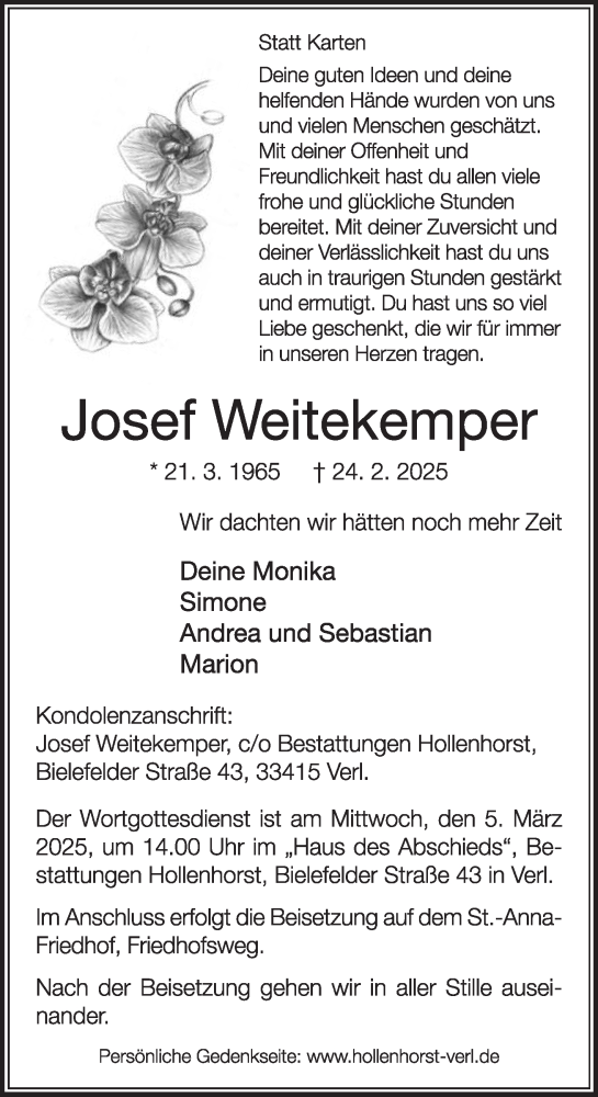 Traueranzeige von Josef Weitekemper von Die Glocke