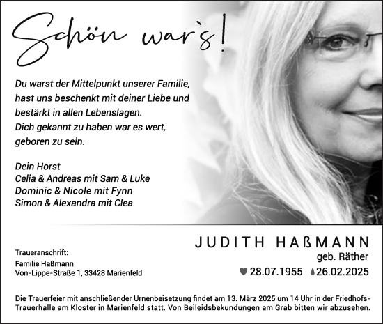 Traueranzeige von Judith Haßmann von Die Glocke