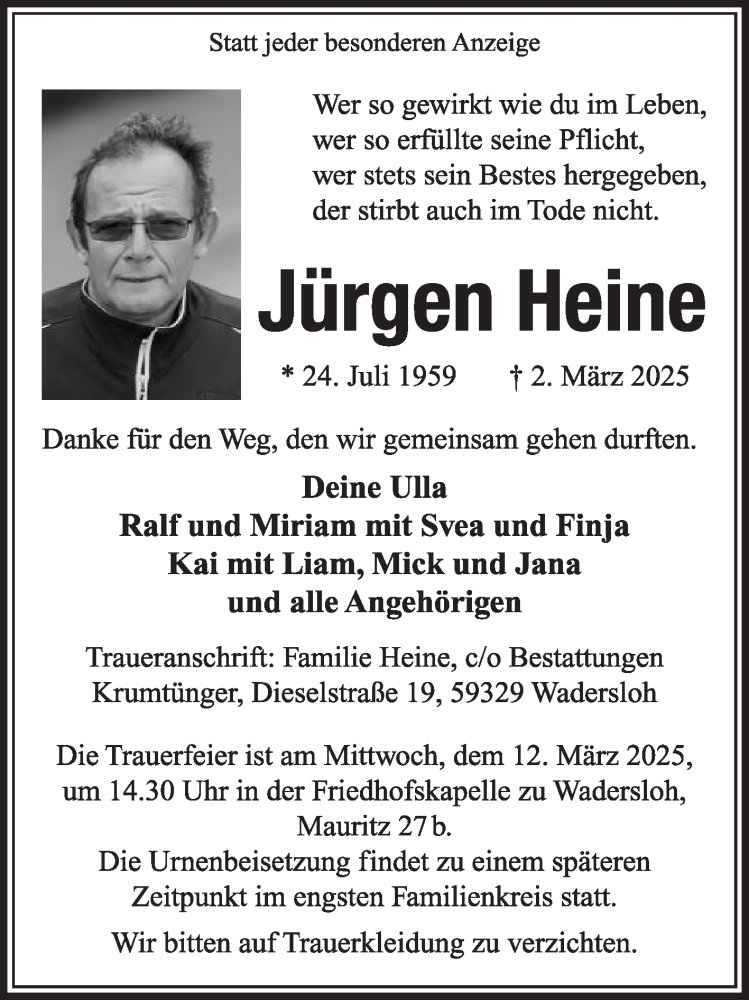  Traueranzeige für Jürgen Heine vom 08.03.2025 aus Die Glocke