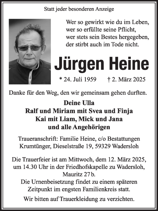 Traueranzeige von Jürgen Heine von Die Glocke