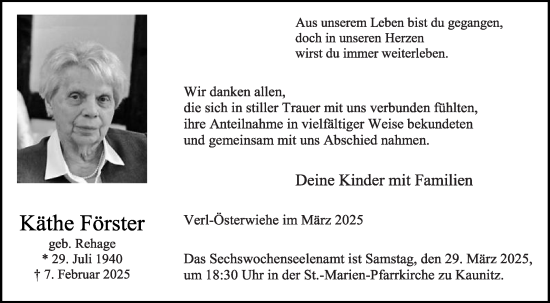 Traueranzeige von Käthe Förster von Die Glocke