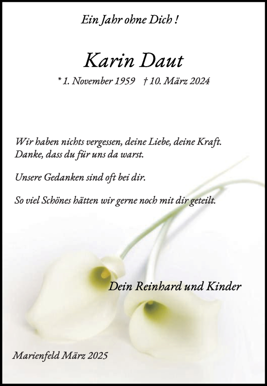 Traueranzeige von Karin Daut von Die Glocke