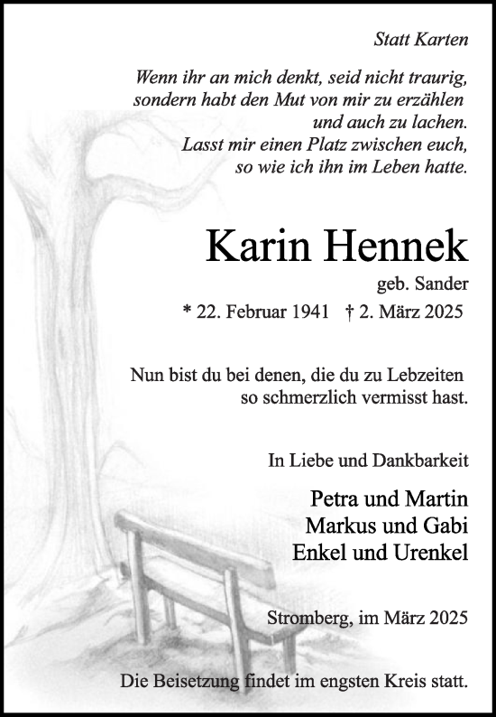 Traueranzeige von Karin Hennek von Die Glocke