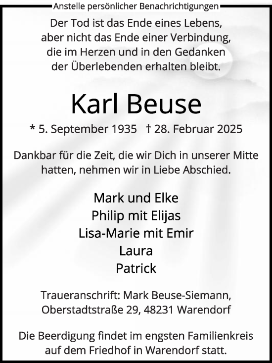 Traueranzeige von Karl Beuse von Die Glocke