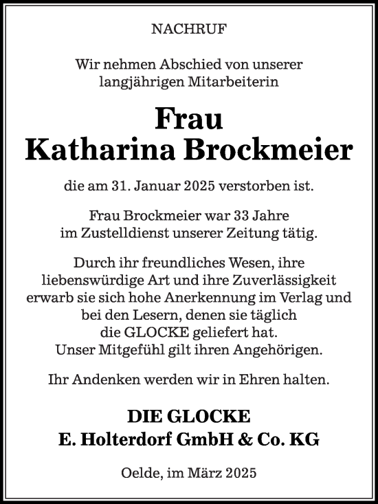 Traueranzeige von Katharina Brockmeier von Die Glocke