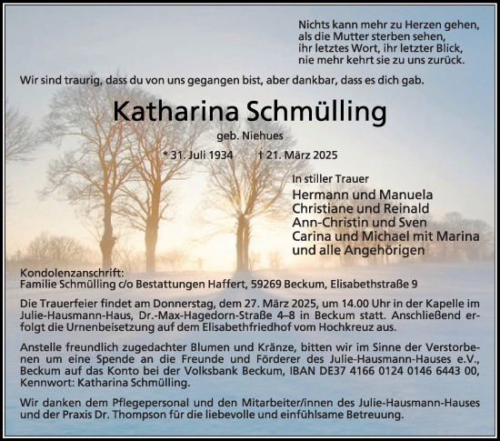 Traueranzeige von Katharina Schmülling von Die Glocke