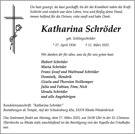 Traueranzeige von Katharina Schröder von Die Glocke