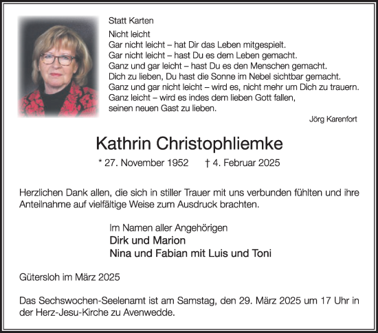 Traueranzeige von Kathrin Christophliemke von Die Glocke