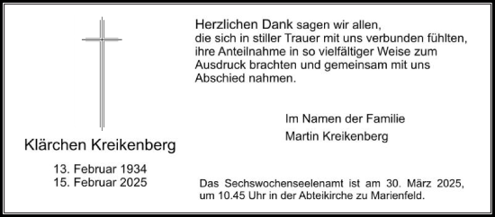 Traueranzeige von Klärchen Kreikenberg von Die Glocke