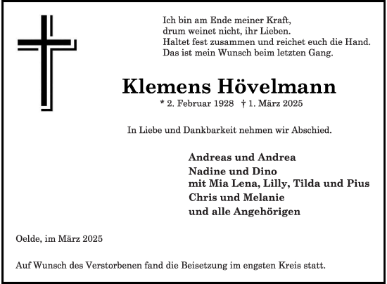 Traueranzeige von Klemens Hövelmann von Die Glocke
