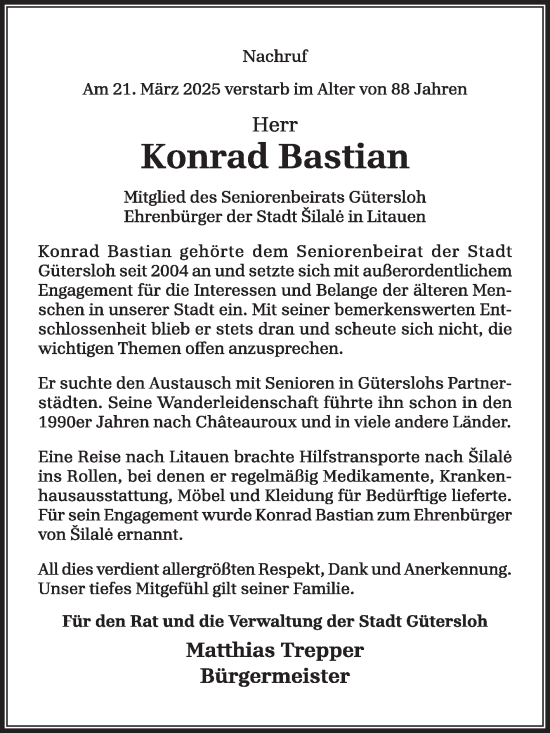Traueranzeige von Konrad Bastian von Die Glocke