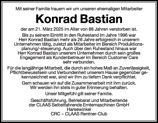 Traueranzeige von Konrad Bastian von Die Glocke